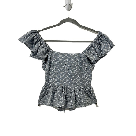 Francesca’s Crop Top. Blue with White Embroidery Flutter Sleeve Back Bow… - Picture 3 of 10